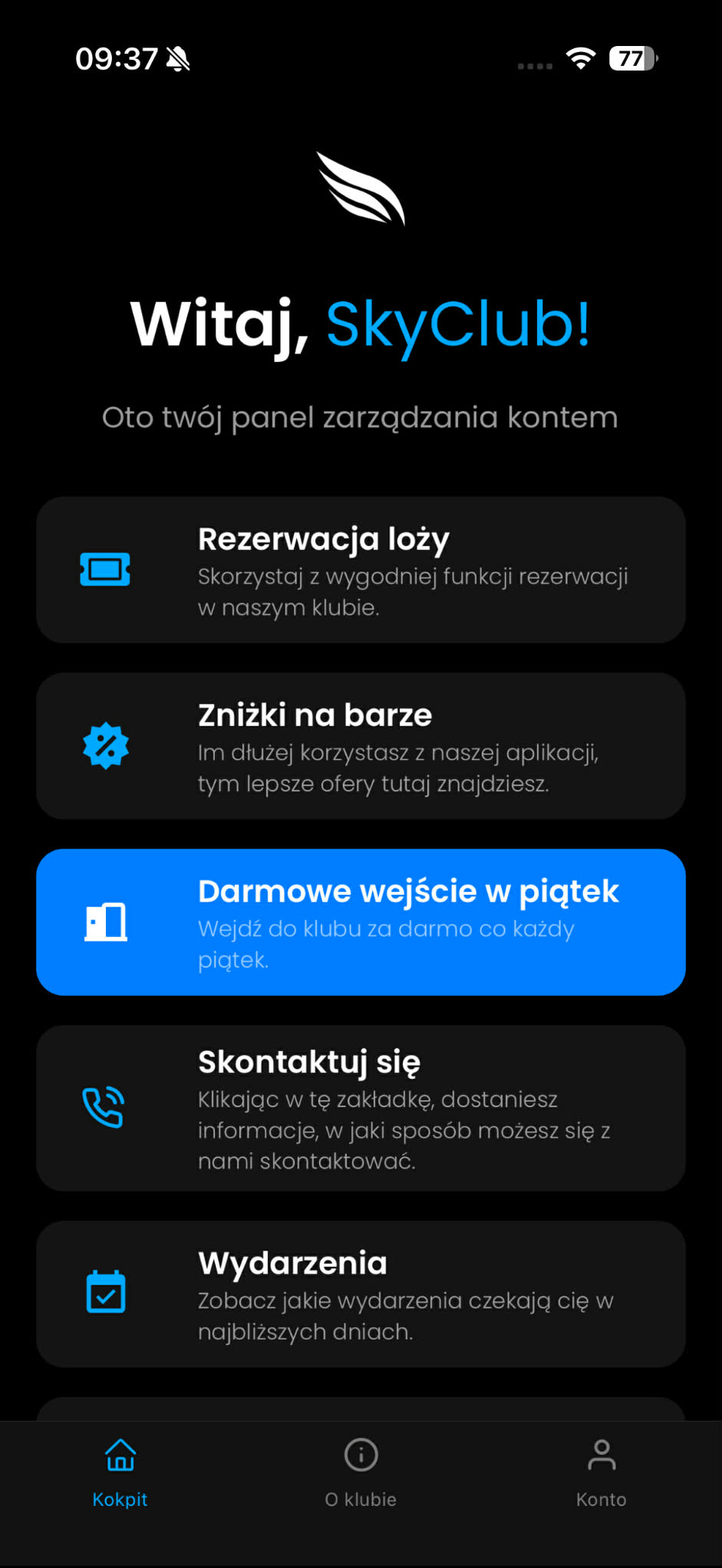 Sky Club App — ekran główny